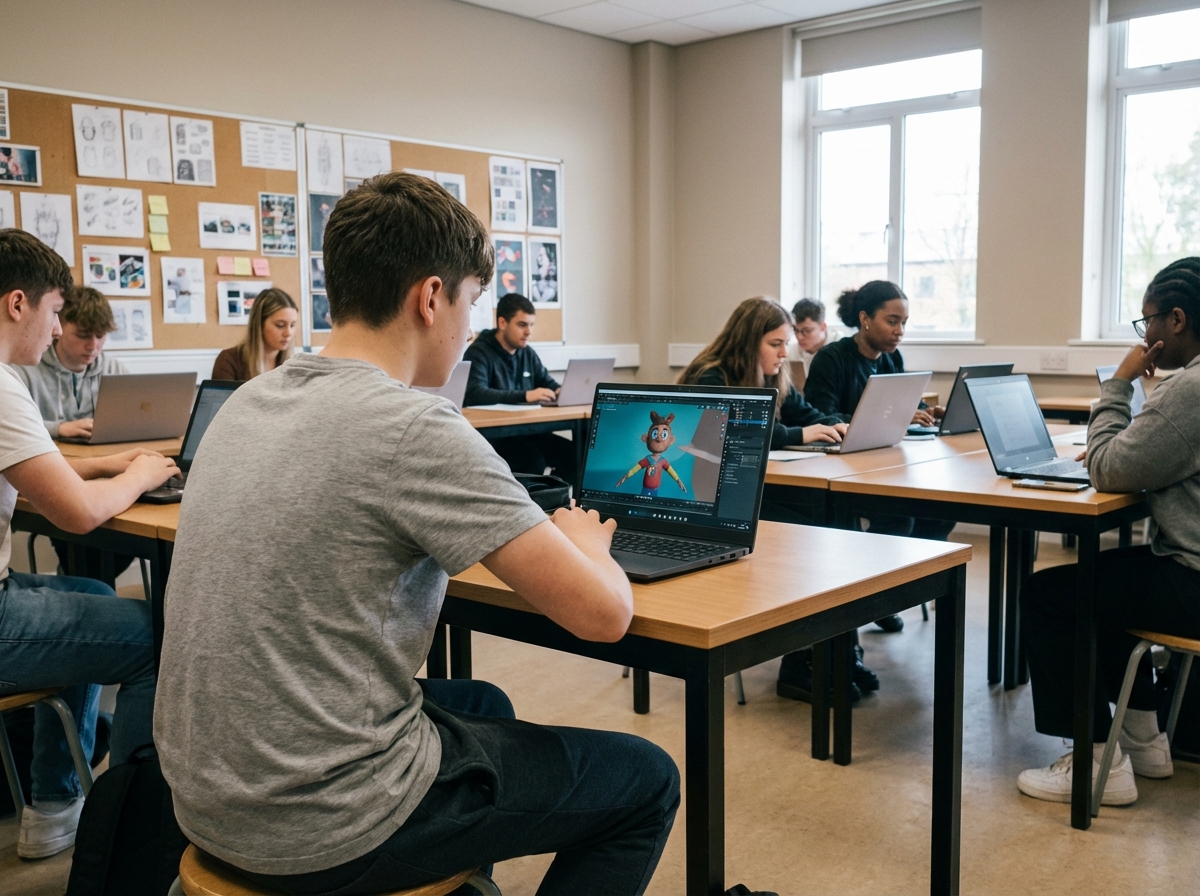 Adolescent observant un personnage 3D sur son ordinateur