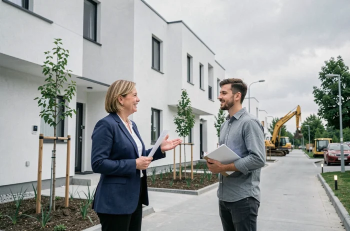Agent immobilière présentant un programme immobilier neuf à un acheteur devant une résidence moderne