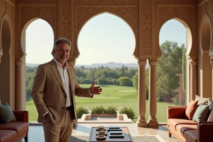 Agent immobilier présentant une villa haut de gamme avec vue sur le golf dans le quartier d'Amelkis à Marrakech