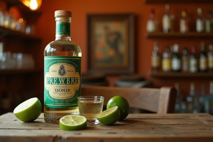 Bouteille d'aguardiente colombien avec un verre à shot et des tranches de citron vert sur une table en bois rustique