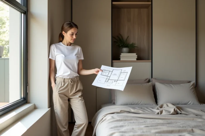 Femme consultant un plan d'aménagement pour une suite parentale de 15m2 avec dressing séparé par une porte coulissante