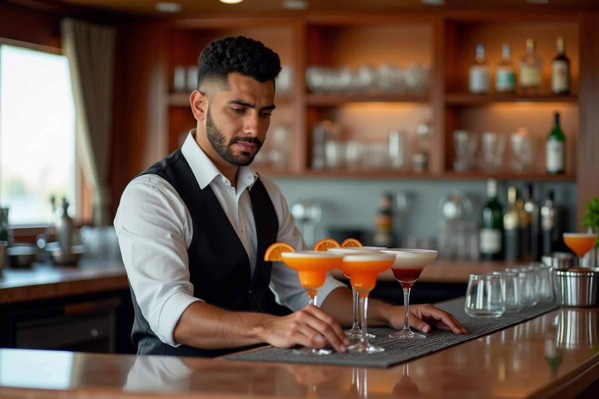 Jeune barman préparant un cocktail coloré à bord d