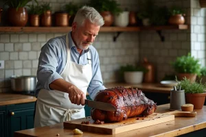 Chef d'âge moyen coupant un gigot d'agneau rôti dans une cuisine chaleureuse