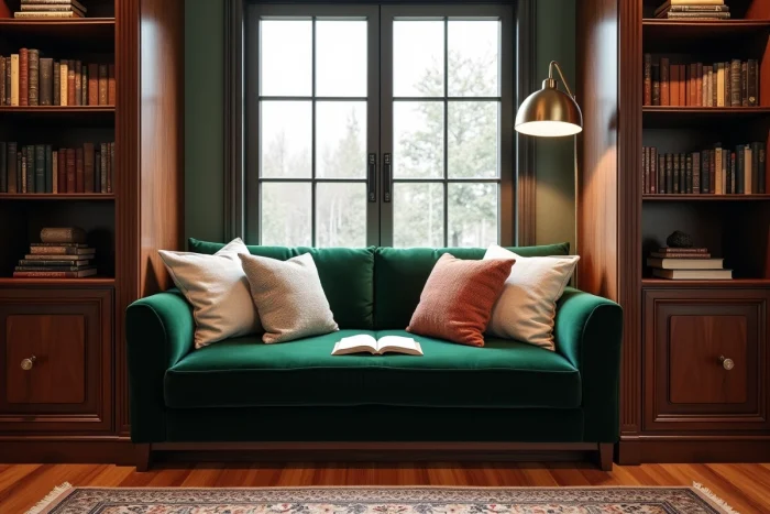 Coin lecture cosy avec banquette en velours vert, bibliothèque en noyer et accessoires décoratifs vintage pour une ambiance chaleureuse et raffinée