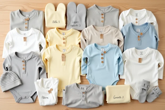 Vue du dessus d'une collection de vêtements bébé organisée par taille et par âge sur une table en bois clair