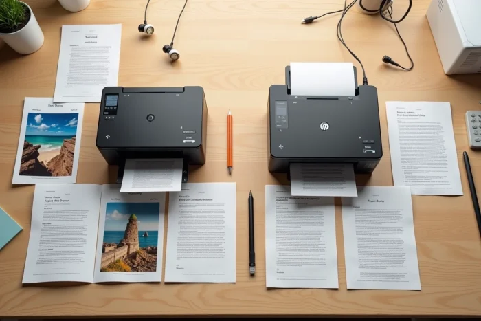 Vue de dessus comparant une imprimante jet d'encre et une imprimante laser avec des exemples d'impressions sur un bureau en bois