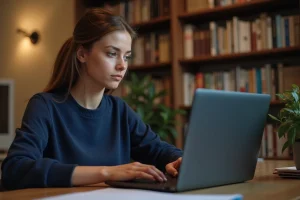 Jeune femme connectée à un portail universitaire en ligne sur son ordinateur portable depuis son bureau à domicile