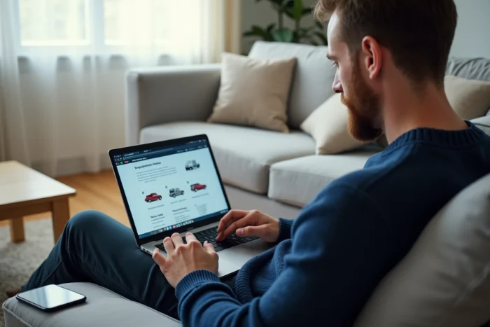 Homme consultant le site de l'agence Famille SNCF sur son ordinateur portable depuis son salon