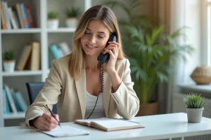 Femme au téléphone en train de contacter l'agence Famille SNCF depuis son bureau à domicile