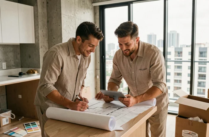Couple examinant les plans de leur nouvel appartement dans un immeuble neuf moderne avec vue sur la ville