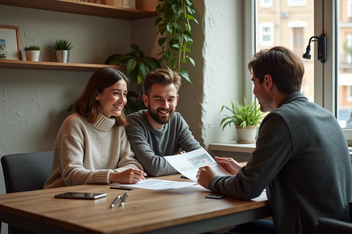 Jeune couple discutant avec un agent immobilier dans un bureau