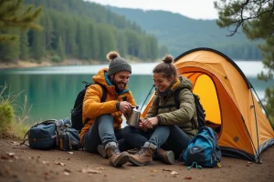 Couple souriant près de leur tente au bord du lac de Biscarrosse