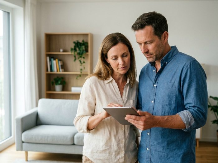 Couple examinant ensemble une offre de rachat de crédit sur une tablette dans leur salon