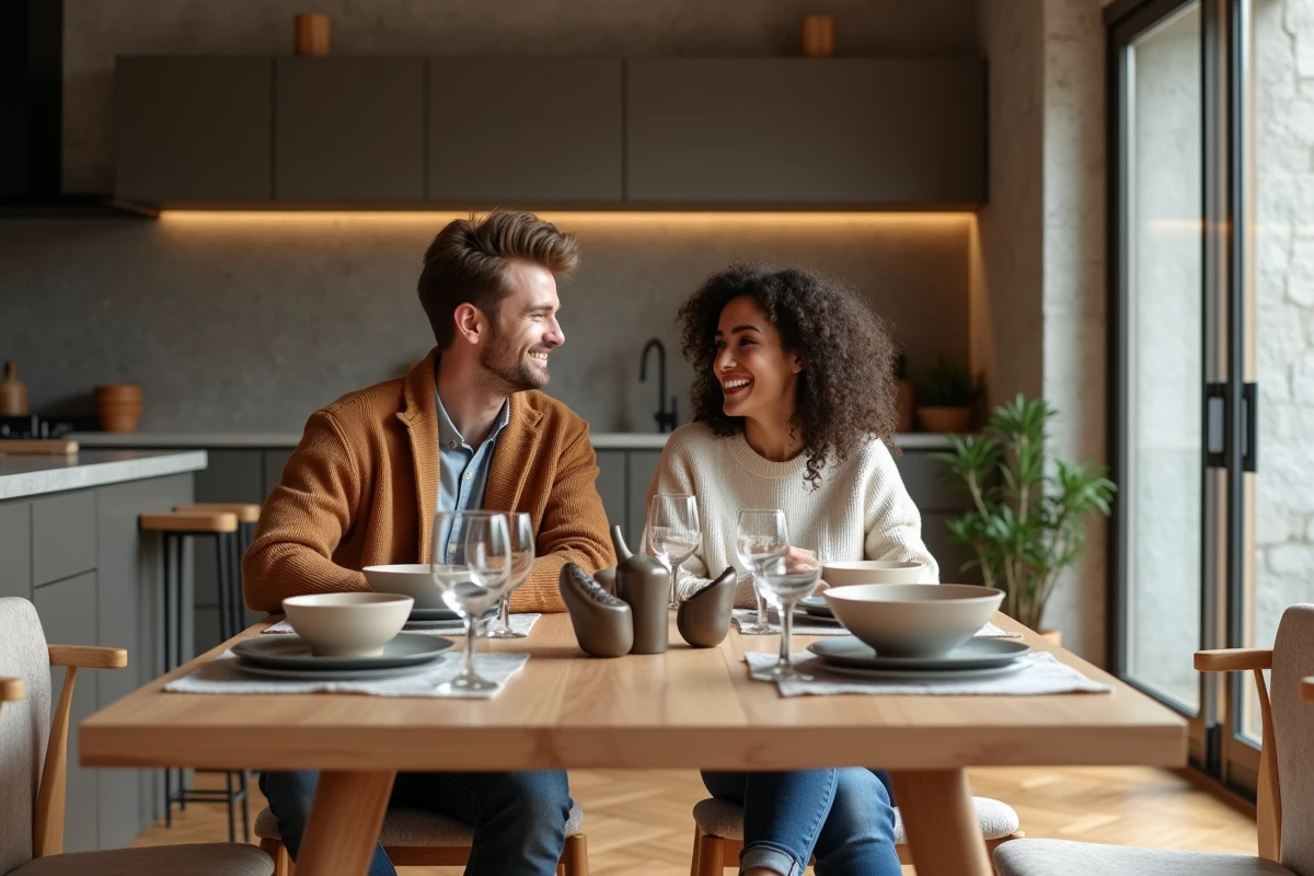 Jeune couple déjeunant dans une cuisine scandinave lumineuse