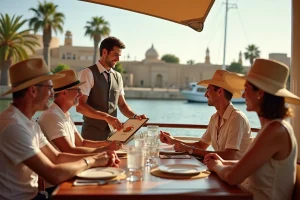 Groupe de touristes au bord du Nil dégustant un menu boissons