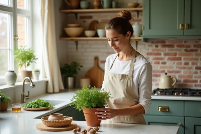 Femme arrangeant des herbes fraîches dans une cuisine rénovée avec des armoires vert sauge, des comptoirs en marbre et des accessoires en laiton