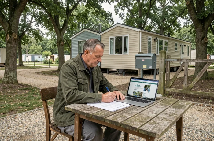 Homme remplissant des documents administratifs pour obtenir une adresse postale sur un terrain de loisir non constructible