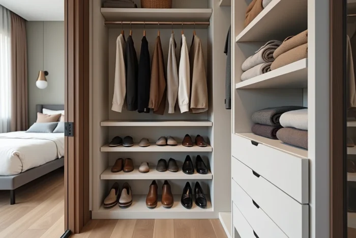 Dressing ouvert sur mesure dans une suite parentale avec rangements organisés, miroir pleine longueur et parquet chêne