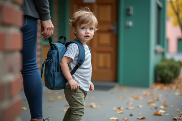 Enfant de 3 ans devant l'entrée d'une école maternelle avec son sac à dos pour la rentrée