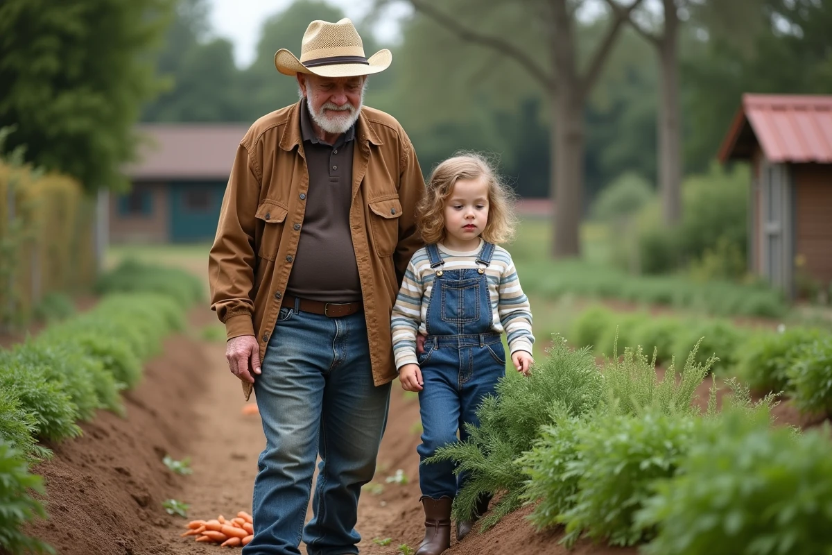 Enfant et homme récoltant des carottes dans le jardin