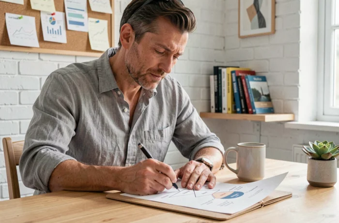 Entrepreneur analyzing analytical reports and drawing a bee to see marketing funnel in a notebook in a home office