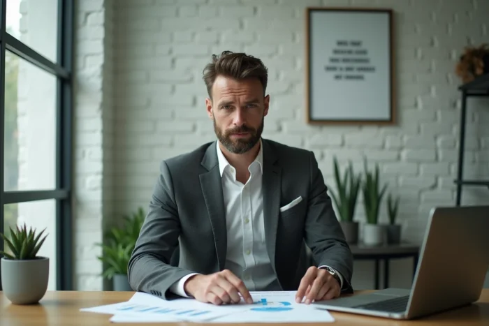 Chef d'entreprise analysant une feuille de route de croissance sur son bureau avec un tableau de bord analytique