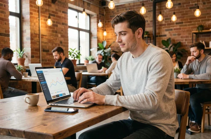 Jovem empreendedor trabalhando em uma solução digital de crescimento em um espaço de coworking moderno e inspirador
