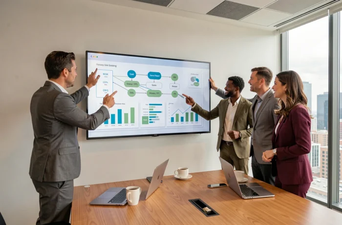 Equipe profissional diversificada colaborando em soluções digitais inovadoras durante uma reunião estratégica na empresa