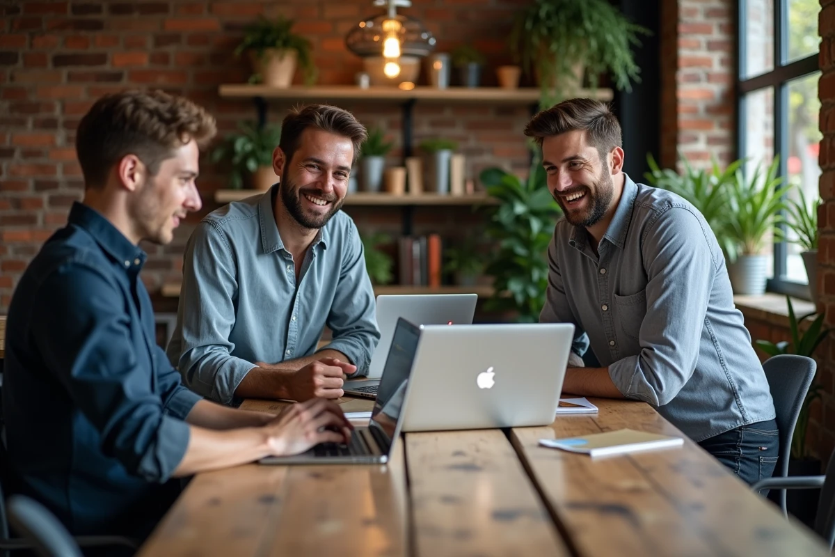 Groupe de collègues en discussion dans un espace coworking