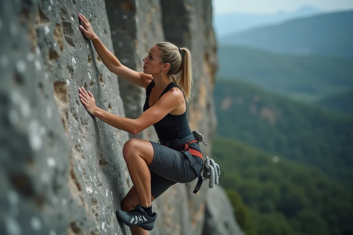 Femme pratiquant l'escalade en falaise sur une paroi de granit avec vue sur une vallée boisée
