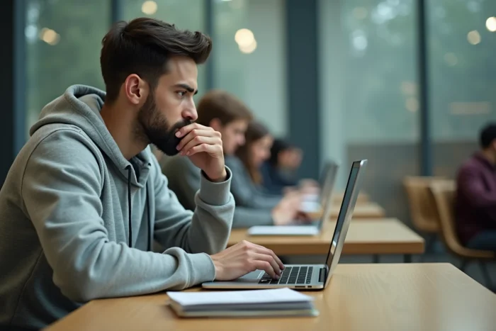 Étudiant masculin utilisant son ordinateur portable dans une bibliothèque universitaire pour accéder à MyCampus Eduservices