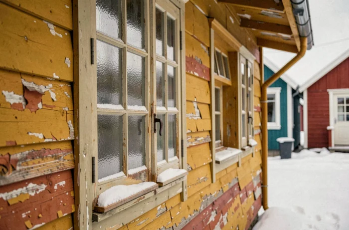 Detail der bemalten Holzfassade eines traditionellen grönländischen Hauses mit abblätternder Farbe
