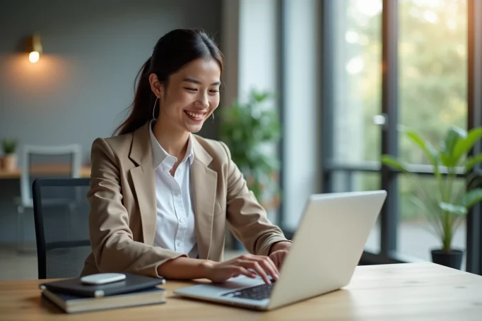 Jeune femme d'affaires souriante en bureau moderne