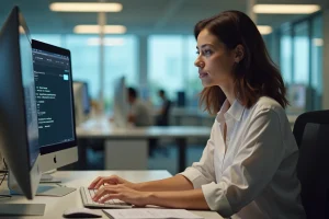 Femme en tenue professionnelle se connectant sur son ordinateur au bureau