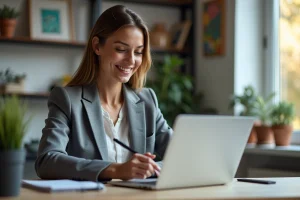 Femme professionnelle au bureau créatif avec ordinateur portable