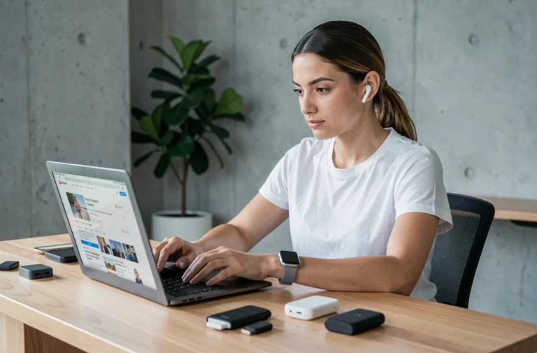 Femme trentenaire utilisant un laptop et des accessoires high-tech dans un bureau moderne minimaliste