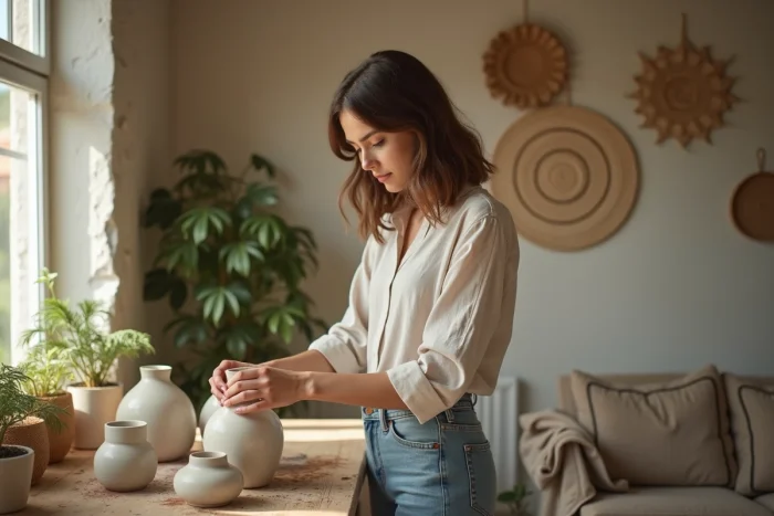 Jeune femme arrangeant des vases en céramique dans un salon lumineux