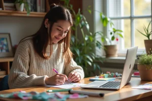 Jeune femme souriante créant un projet de papercraft dans un salon lumineux
