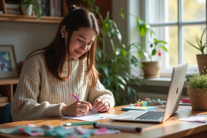 Jeune femme souriante créant un projet de papercraft dans un salon lumineux