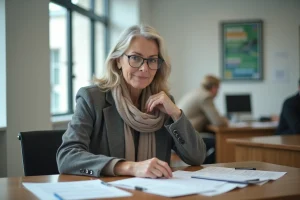 Femme d'âge moyen dans un bureau municipal examine des formulaires