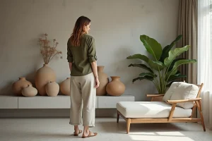Femme élégante ajustant des vases en céramique dans un salon moderne