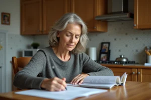 Femme d'âge moyen remplissant des papiers à la maison