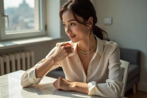 Femme élégante portant un collier en argent fin