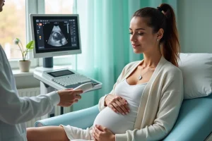 Femme enceinte lors d'une échographie en cabinet médical