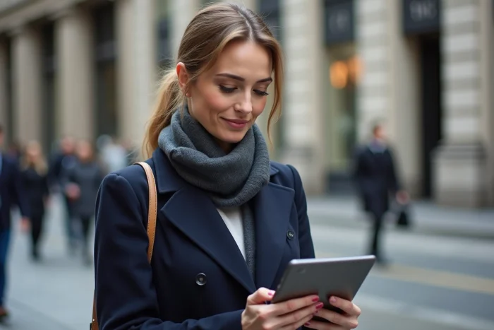 Femme d'affaires regardant des annonces immobilières en ville