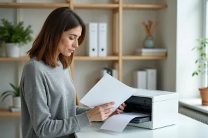 Femme en pull gris examinant un document imprimé par une imprimante laser dans un bureau minimaliste à domicile