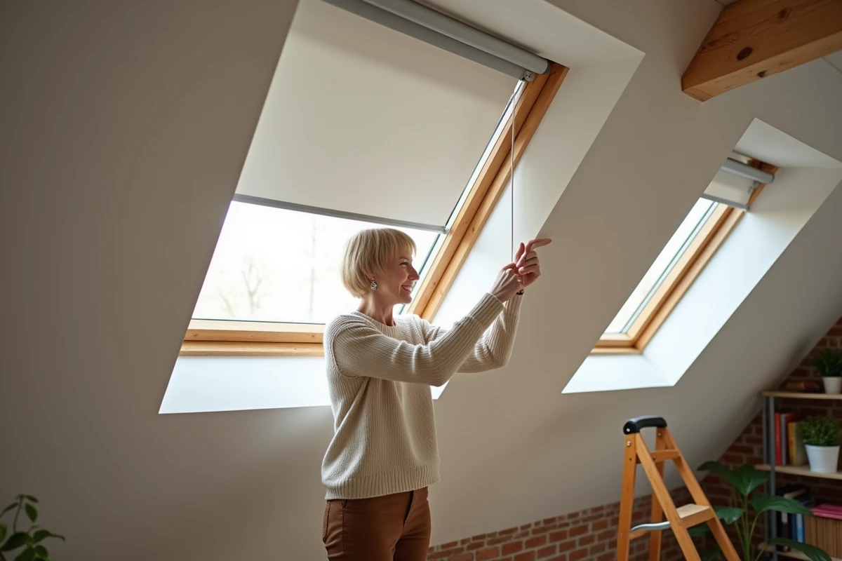 Femme souriante installe un volet Velux dans un loft lumineux
