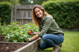 Femme souriante en jardinage prune des tomates