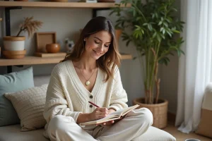 Femme souriante en intérieur en train de journaler
