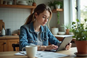 Femme lisant des actualites sur une tablette dans la cuisine